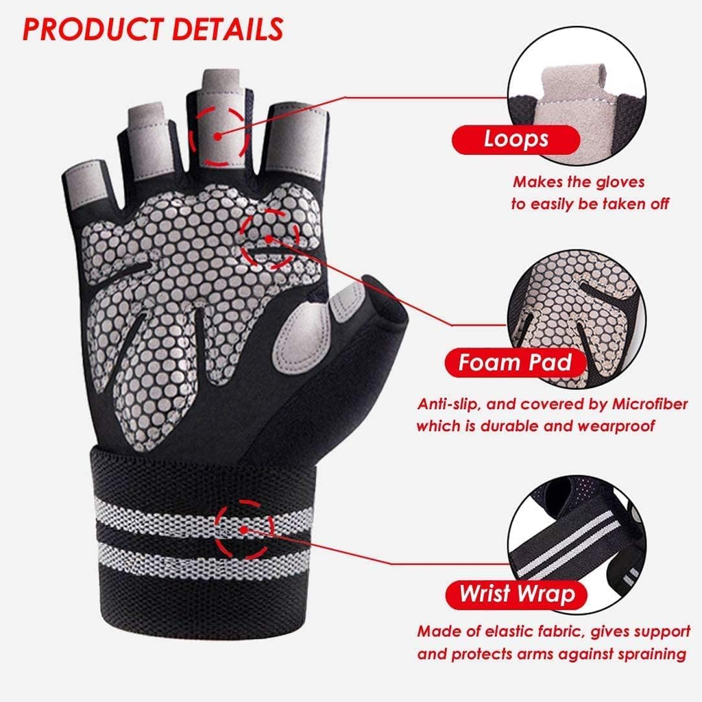 Gym Gloves palm padding wrist wrap and pull tabs