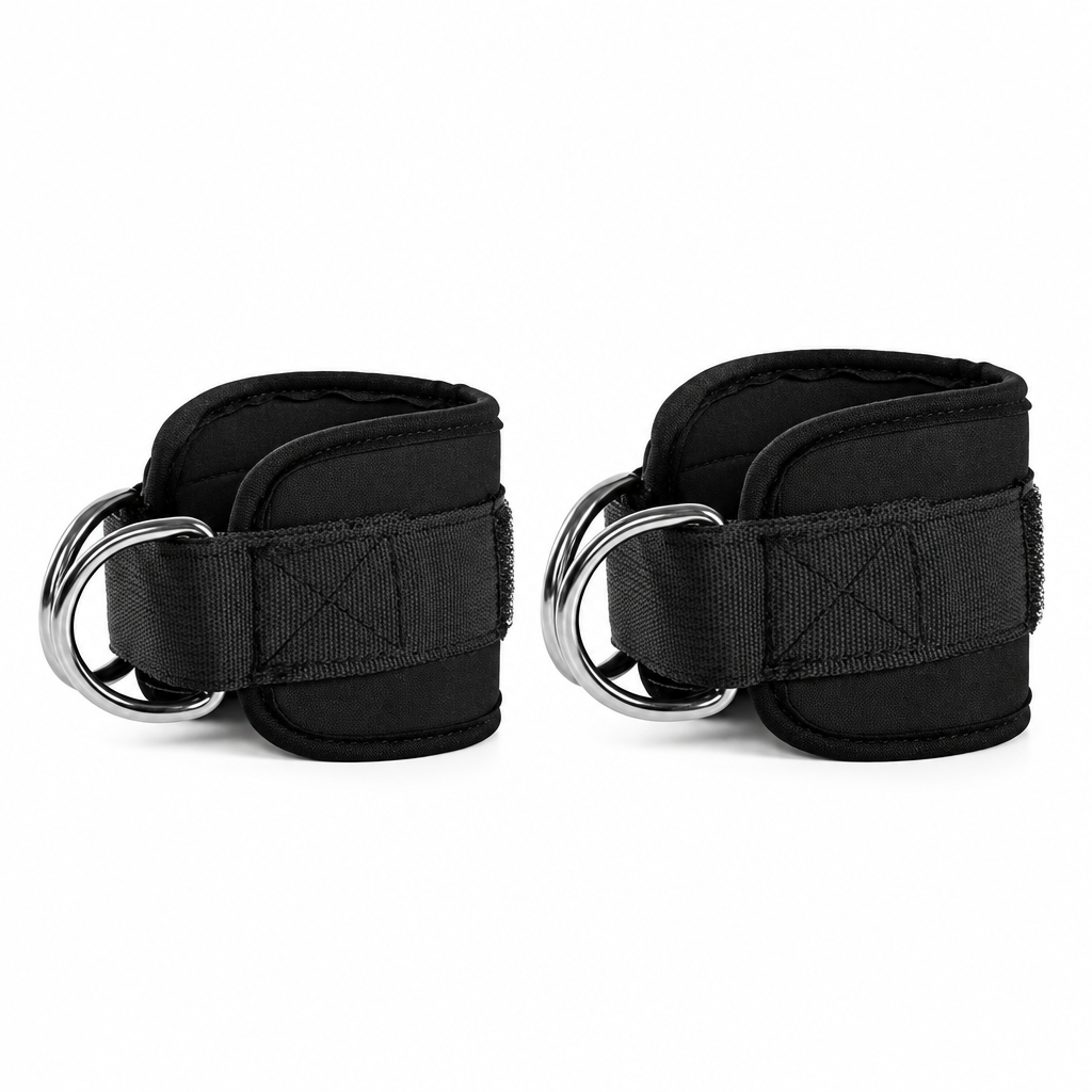 Pair of padded ankle straps for cable machine on white background